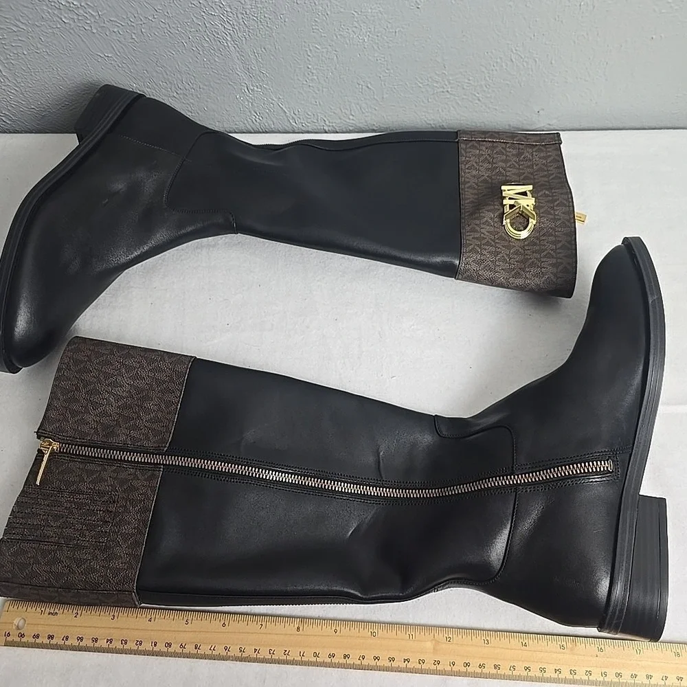 Michael‎ Kors Parker Logo Knee-High Boots Womens Size 10M Leather Gold Monogram